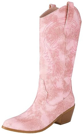 COOLCEPT Women Wetsern Cowboy Boots Embroidered Mid Calf Boots Pull on Chunky Heel Cowgirl Boots Pink Size 45