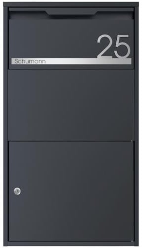 MOCAVI Paketbox 55 - Großer Paketkasten anthrazit/Edelstahl matt personalisiert für Zuhause | Paketannahmebox individuell | Sichere, wetterfeste Paketstation RAL 7016 | rostfrei | Paketbox geräumig
