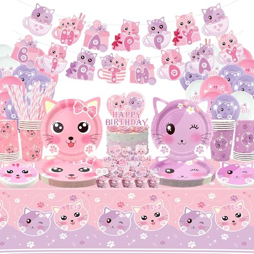 Cat Birthday Party Supplies Set, Kätzchen Geschirr umfasst alles Gute zum Geburtstag Banner, Teller, Tischdecke, Tassen, Luftballon und Strohhalme für Kinder Cat Party Dekorationen, dient 20 Gäste
