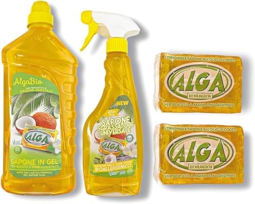 ALGA BIO box risparmio 4PZ - SAPONE ECOLOGICO CONCENTRATO GEL 1250 ML (1PZ) - SGRASSATORE UNIVERSALE 500ML (1PZ) - SAPONE ECOLOGICO 400 GR (2PZ)