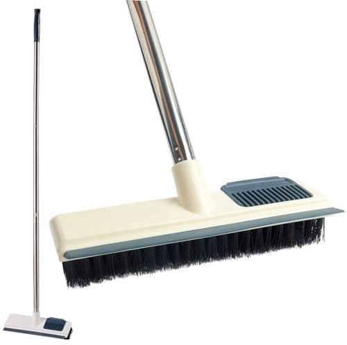 Roellgs Long Scrubbing Brush with adjustable long handle, squeegee and bristles 2 in 1 for cleaning bathrooms, tiles, garages, walls and swimming pools (white)