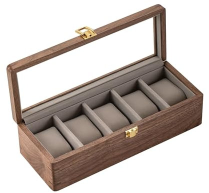 muso wood holz Uhrenbox mit 5 Fächern - Uhrenkasten aus luxuriös massives nordamerikanisches Walnussholz, Watch Box mit Glasfenster Metallverschluss Uhrenaufbewahrung 30.6 * 12 * 8.5cm