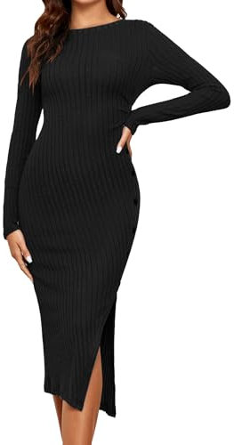 Famulily Women Work Dresses Elegant Casual Button Split Hem Sweater Dress Long Sleeve Plain Ribbed Knit Midi Dresses Black S