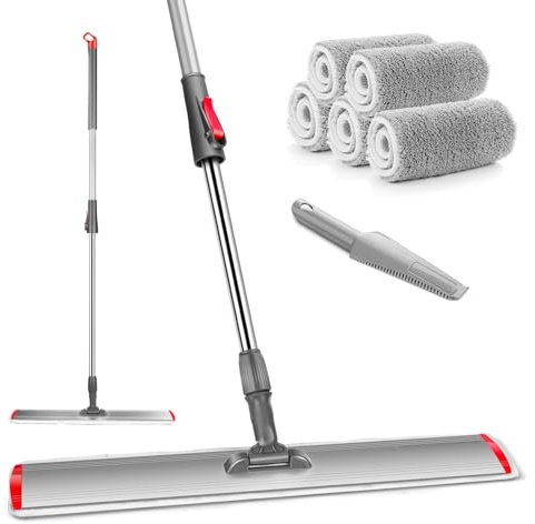 HEVOL - Escoba de fregona profesional, 60 cm para fregona de aluminio con mango telescópico de acero inoxidable con 5 almohadillas, escobillas planas de microfibra giratoria 360 ° para limpieza de