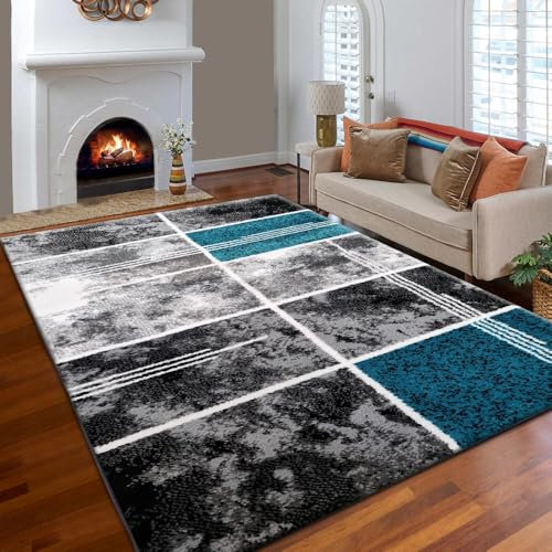 Modern Shaggy Area Rug Thick Pile Soft Carpet for Bedroom Living Room Dining Room TV Lounge - Warm and Cozy Plush Box Pattern Runner Rug Large Floor Mat - Teal, 200x 290 cm