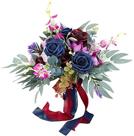 Yjcnelcr Künstlicher Hochzeits Brautstrauß Aus Orchideen In Burgunderrot Und Weiß Blühender Echter Touch – Rosen Hochzeitsstrauß Für Die Hochzeitszeremonie