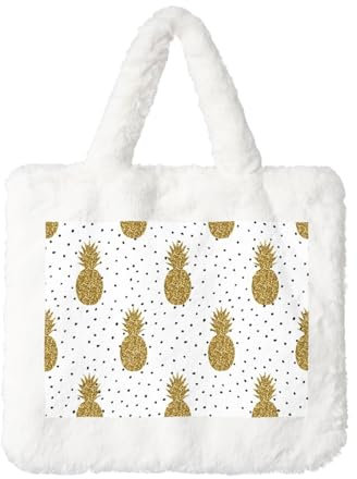 WSHFFILO Goldene Glitzer-Handtasche mit Ananas-Motiv, bedruckt, Plüsch, waschbar, modische Schultertasche, weiß, Einheitsgröße
