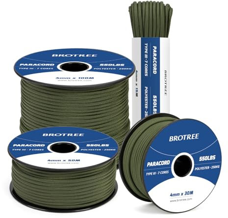 Brotree 550 Paracord 4mm 50m Rope Type III 7 Strands 100% Polyester Parachute Cord for Crafting, Camping, Outdoor, Survival - Army Green