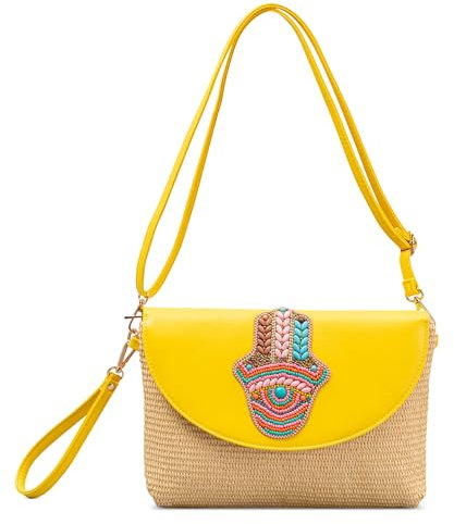 DIRRONA Fashion Ladies Handbag Characteristic Shoulder Bag Small Crossbody Bag Casual Travel Straw Handbag with Ethnic Style for Women Flap Design Shoulder Bags（Yellow）