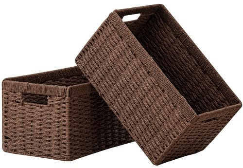 UBBCARE 2 Pack Wicker Basket, 13.4L×8.3H×7.1W inch Woven Paper Rope Storage Baskets for shelves, Foldable Rectangular Storage Baskets with Handle, Storage Basket for Organizing, Dark Brown