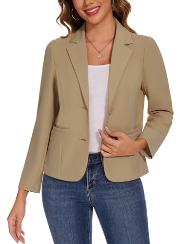 Kyzoeyou Womens Business Casual Wear Long Sleeve Suit Outerwear 2 Buttons Blazer Jacket Pockets (Khaki L)