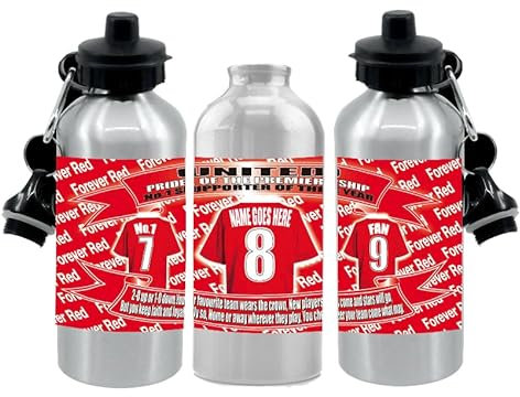 Manchester Reds Personalised Football Shirt Silver Aluminium Two Lid Unisex Water Bottle Gift Team-Manchester-United