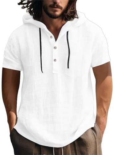 Herren Leinenhemd Kurzarm Baumwolle Leinen Shirt Männer Freizeithemd Regular Fit Strand Sommerhemd Hawaii Hemden Sommer Freizeithemden Mit Kapuze Leinen Hoodie Dünn Einfarbig Henley Shirt