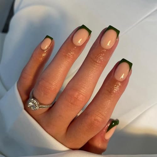 KQueenest 30 Pcs Dark Green French Tip Press on Nails Short Square, French Tip False Nails Short Coffin, Custom Thick Acrylic Fake Nails Set Natural Nude Gel Stick on Nail for Women Daily Wear