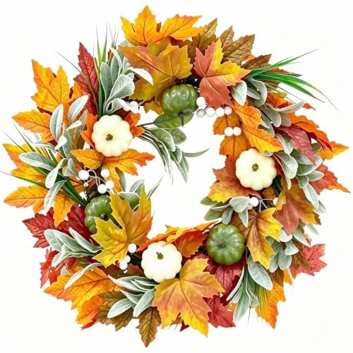 45cm Türkranz für Herbstdeko, Kürbis Künstliches Türkranz Herbst | Herbstgirlande Herbstkranz Haustür, Künstliches Ahornblatt Beere, für Erntedankfest Thanksgiving Wandschmuck