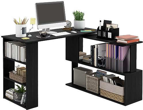 HOMCOM Scrivania Angolare Reversibile con 5 Ripiani Portaoggetti, Scrivania ad Angolo per Computer in Legno, per Ufficio, Soggiorno e Studio, Stile Industriale, 120x110x74.5 cm, Nero