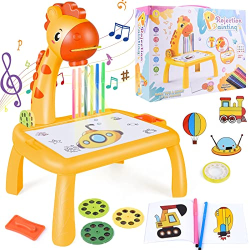 JONRRYIN Track and Draw Toy Projector, Drawing Table for Children 2 3 5 Years, Painting Drawing Projector with Erasable Chalkboard, Art Projector, Chalkboard Table (Yellow)