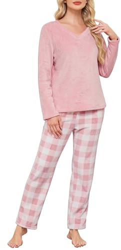 Sopesil Pyjama Femme Hiver Polaire à Carreaux Ensembles de Pyjama Femme en Flanelle Manches Longues Pyjamas avec Col V et Poches Chaud et Confortable Rose Pâle,XL
