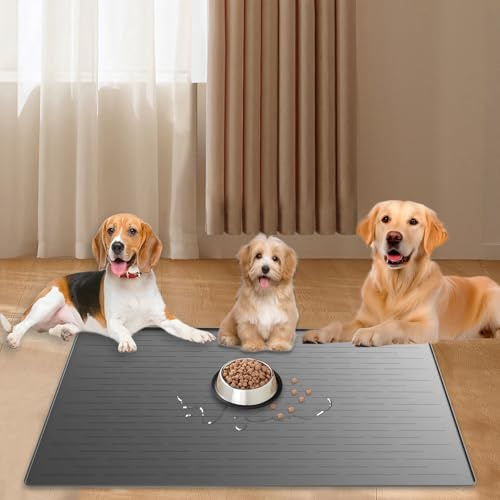 40x30 Extra Large Dog Food Mat, Waterproof Pet Feeding Mat for Floors, Silicone Dog Bowl Mat Tray for Food and Water, Light Gray