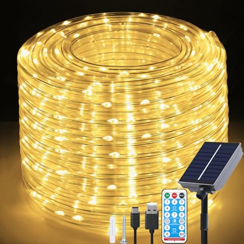 Fonysien 20M 200LEDs Solar Lichtschlauch Außen, Wetterfest Schlauch Lichterketten mit 8 Modi, Fernbedienung Solar & USB Lichterkette Außen für Weihnachten Garten Hochzeit Terrasse Balkon