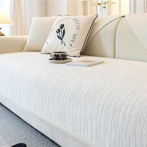 kuchenuten Sofaschoner rutschfest - Sofa Überzug Weiche Chenille Sofabezug, Sofaschoner Anti Rutsch Vintage Couch Überzug für L/U Form Sektionssofa,Weiß,90x180cm