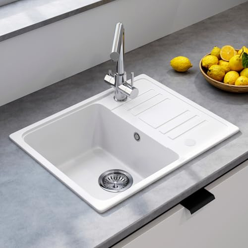HOROW Quartz Single Bowl Kitchen Sink 57x45 cm, White with Push-to-Drain/Store Water, Scratch-Resistant, Stain-Proof & Self-Healing Surface, Includes Drain Fittings & Overflow