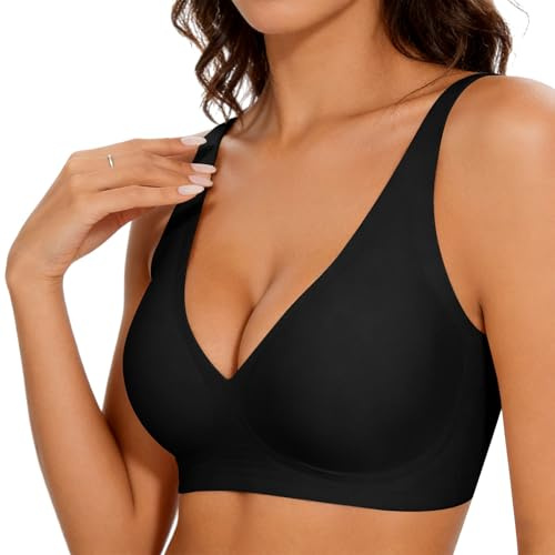 Mayoii Jelly Bra for Women, Push Up Wireless Bra, Seamless Non Wired Everyday Bra, Soft Ice Silk Comfort T‑Shirt Bra, Plus Size Full Coverage Support Bras (UK, Alpha, L, Regular, Regular, Black)