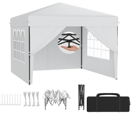 XMTECH Faltpavillon 6.25m² Gartenpavillon EIN-Knopf Weiß mit Seitenteilen