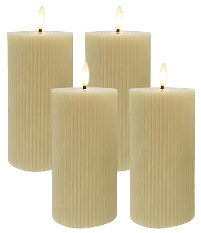 Relaxdays LED Kerzen, 4er Set, HxD: 18 x 7,5 cm, flackernde Flamme, Echtwachs, Rillen, flammenlose Blockkerzen, Farbwahl