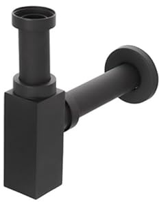 Generico Sifone Quadrato Nero Opaco 1 1/4” Universale in Acciaio – Regolabile 7,5–17,5 cm – Diametro Scarico 32 mm – Design Moderno per Lavabo Bagno