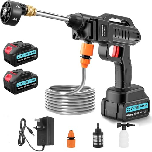 Nettoyeur haute pression sans fil 21 V avec buse multifonction 6 en 1, 2 batteries, 62 bar/899 psi, appareil haute performance avec 2 buses et tuyau de 5 m pour laver les voitures, les sols et les