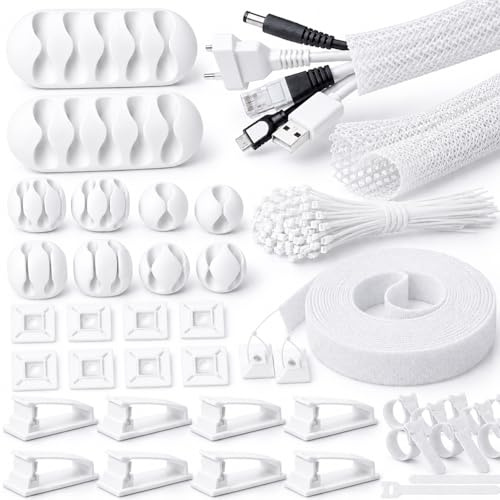 MiuCo Kabelmanagement Set mit 2m Kabelschlauch, Kabelkanal für Schreibtisch und Kabel Organizer, Büro Selbstklebend Kabelhalter, Kabelklemmen & Kabelclips - Weiß Kabelführung Büro Zubehör
