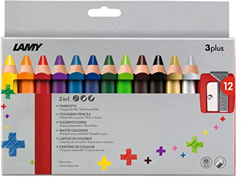 Lamy Farbstift 3plus Faltschachtel 12er Set - Farb-, Aquarell- & Wachsmalstift in einem - aus massivem Lindenholz mit ergonomischer Viereckform - Dicke Mine Ø 10 mm