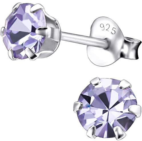 EYS JEWELRY Damen Ohrstecker 925 Sterling Silber – 5 mm runde Zirkonia Kristalle in Zartlila – Klassische Silber Ohrringe für Frauen