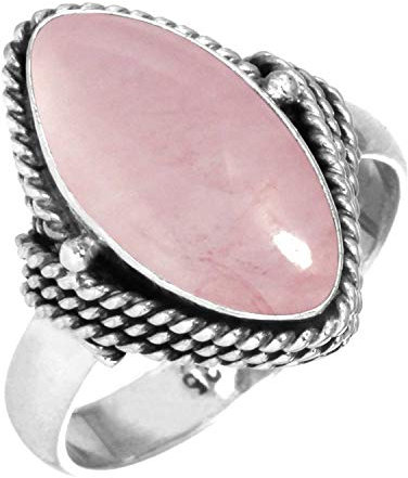 Jeweloporium Bague en argent sterling 925 avec quartz rose (taille 50,5), bijou fait main en pierre précieuse marquise.