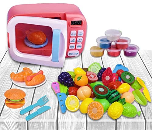 Koolbitz Kids Microwave Oven Toy with Light & Sound Functional Pretend Role Play Complete Kitchen Appliance Toys for Kids with Food Fruits and Vegetables for 3+ Years