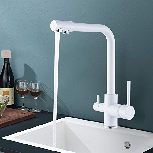 SUGU - Rubinetto ad alta pressione a 3 vie, per acqua potabile della cucina, 2 maniglie, girevole a 360°, miscelatore con sistema del filtro, colore bianco