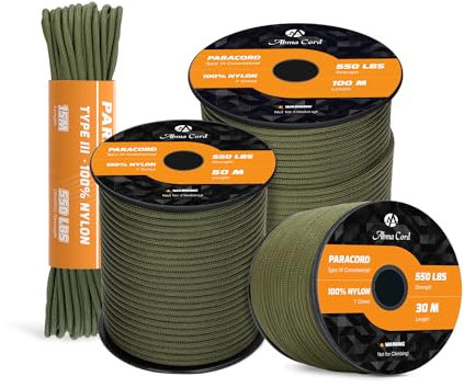 Abma Cord Paracord 550 4mm 30M 100% Nylon Seil Typ III Schnur mit 7 Kern für Basteln, Camping, Survival, Outdoor - Max. 250kg (550lbs) - Armee Grün