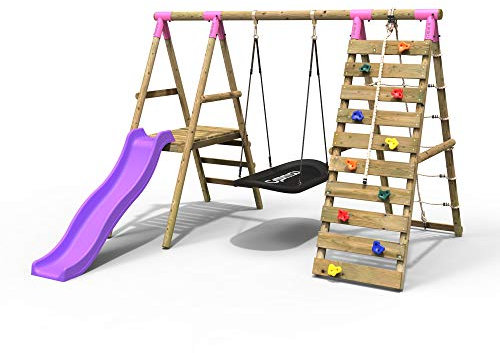 Rebo® Wooden Swing Set with Deck and Slide Plus Up and Over Climbing Wall - Onyx Pink | OutdoorToys | Sturdy Wooden Construction, Pressure Treated Timber