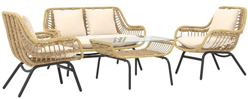Outsunny Salon de Jardin 4 pers. 4 pièces Style Exotique métal époxy résine Imitation Coussins Grand Confort Inclus Polyester Beige