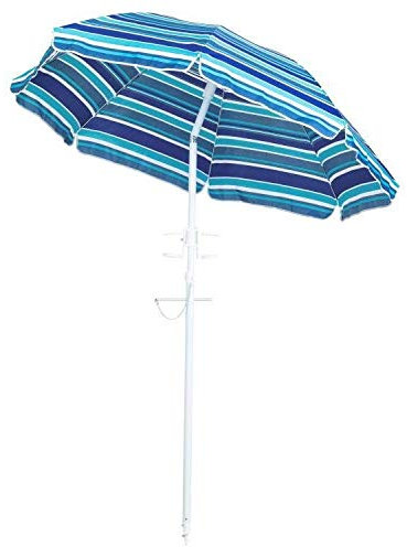 Sombrilla de jardín azul y blanco de 2 m | Sombrilla de jardín de acero con portavasos | Sombrilla para mesa de jardín con inclinación y ángulo | Parasol para patio, balcón y playa