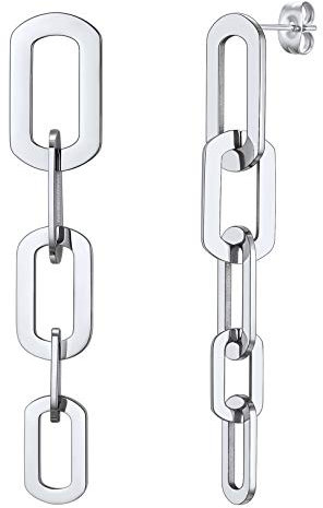 FOCALOOK Lange Ohrringe Damen Edelstahl 61mm Kette Design Hängeohrringe Ohrstecker silberfarbig baumeln Ohrringe Simpel Modeschmuck Accessoire für Freundin Ehefrau Schwester