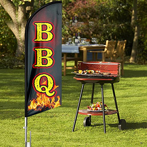 QSUM BBQ Feder Flagge und Stange Kit, BBQ Zeichen 11 FT Giant Size Barbecue Werbung Windless Swooper Flag für Store