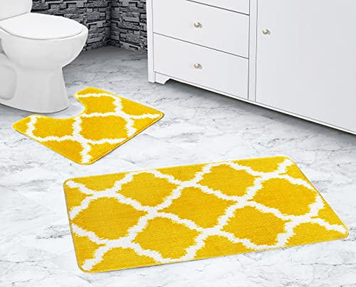La Maison Bathroom Rug Set 2 Piece Lattice Geometric Non Slip Bath Mat and Pedestal Mat Set Quick Dry Shower Bath Super Soft Toilet Mat Set (Ochre)