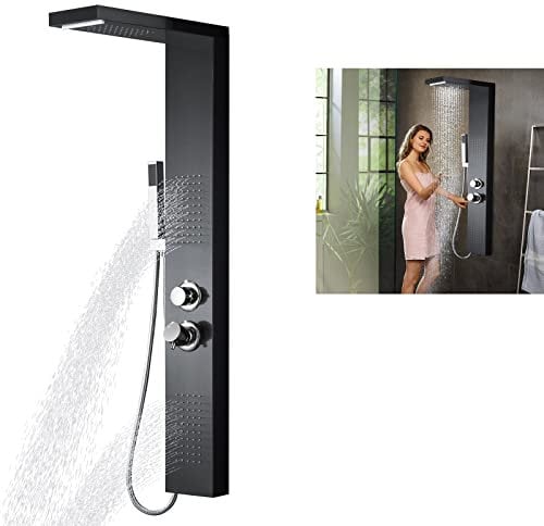 LZQ Duschpaneel Regendusche Duschsystem 304 Edelstahl Handbrause,Höhenverstellbar Duschstange,4-in-1 mit thermostat Duschpaneelsystem (Schwarz-Duschpaneel) (Schwarz)