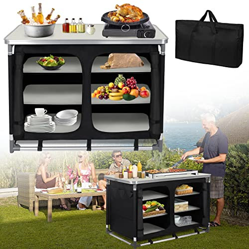 VA-Cerulean Camping Outdoor küche CampingSchrank Faltbar Campingküche Tragbar Outdoorküche Faltschrank Regal küchenschrank Werkbank Küchenbox Reiseküche Mit Tragetasche(Type C)