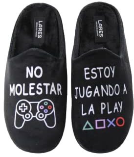 LARES - Zapatillas Casa para Hombre y niño Play Colorines. Color: Negro Talla: 43 - Frase Divertida No molestar jugando a la Play Suela Goma.