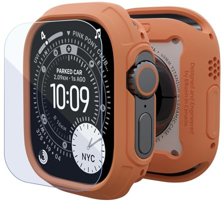 elkson Schutzhülle für Apple Watch Ultra 2/1, 49 mm, Displayschutzfolie aus gehärtetem Glas, Quattro Max Serie, robust für iWatch, militärische Qualität, langlebig, flexibel, stoßfest, Orange