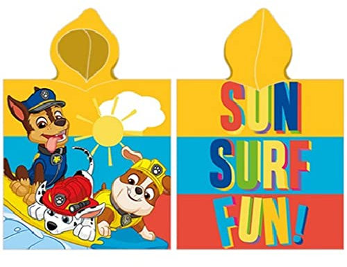 Paw Patrol Kinder Kapuzen Bade-Poncho Sun Surf Fun 55x110 cm 100% Baumwolle Veloursqualität Poncho Bademantel Badetuch Strandtuch Duschtuch Handtuch Pareo Chase Marshall Rocky Zuma Rubble Skye Ryder
