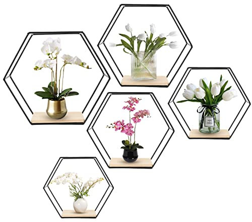 Hexagon Wandregal Schwarz Metall 5er Set, Regal Wand Deko Hängeregal Loft Wandregale, Regal Schwarz für Wanddeko in Wohnzimmer, Schlafzimmer, Bad, Café und Hotel